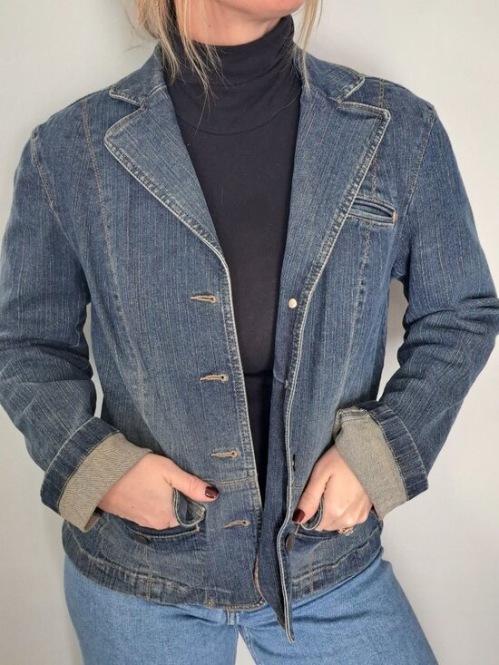 Y2K Ann Taylor Loft Womens Denim Blazer Jacket Size 8 Button Front Cotton Blue - Picture 2 of 10